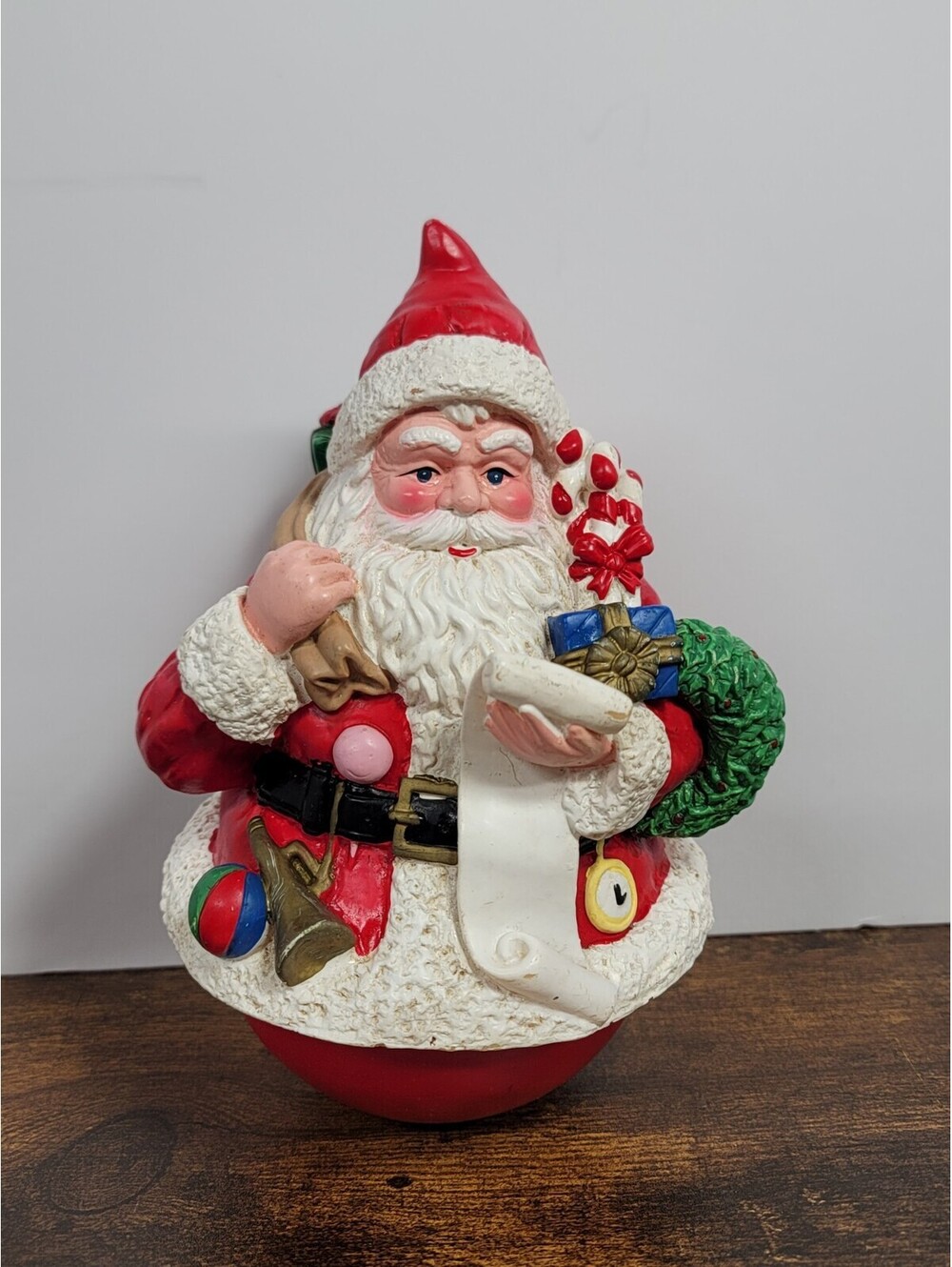 Vintage Holly Tree Roll-Poly Santa Plays Santa Claus Is Coming To Town